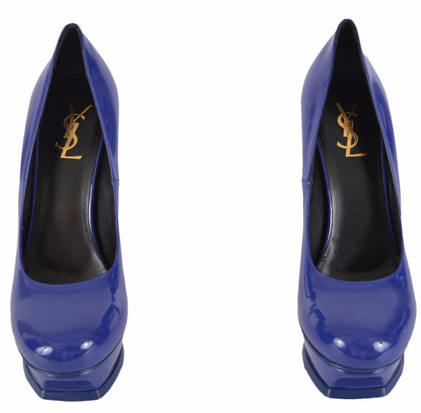 YSL Yves Saint Laurent 315502 Bleu Roy Patent Tribtoo Platform Pumps Shoes 40.5