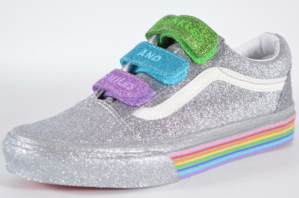 New VANS Old Skool V FLOUR SHOP Silver Rainbow Glitter PRIDE Sneakers Shoes 7