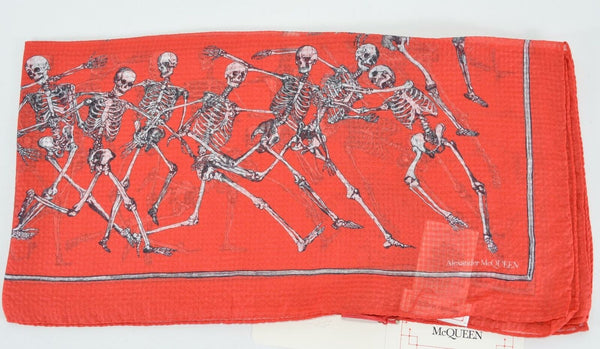 New Alexander McQueen Red Silk TACKLING SKELETONS Skull Scarf 595983