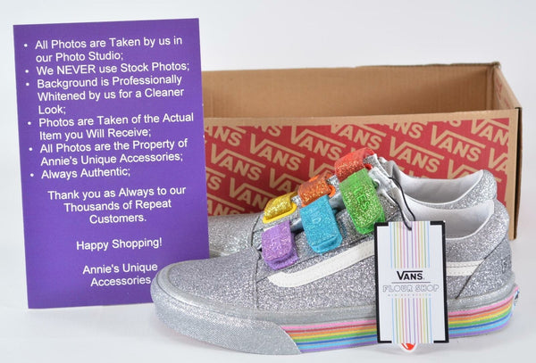 New VANS Old Skool V FLOUR SHOP Silver Rainbow Glitter PRIDE Sneakers Shoes 7