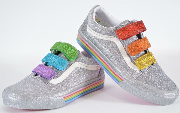New VANS Old Skool V FLOUR SHOP Silver Rainbow Glitter PRIDE Sneakers Shoes 7