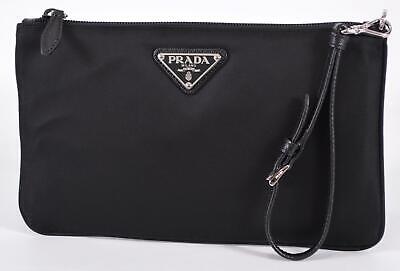 New Prada 1NH545 Black Piatto Maniglia Nylon Zip Top Wristlet Purse Pouch Bag