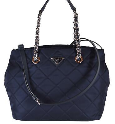 New Prada 1BG740 Blue Tessuto Quilted Nylon Chain Strap Purse Handbag