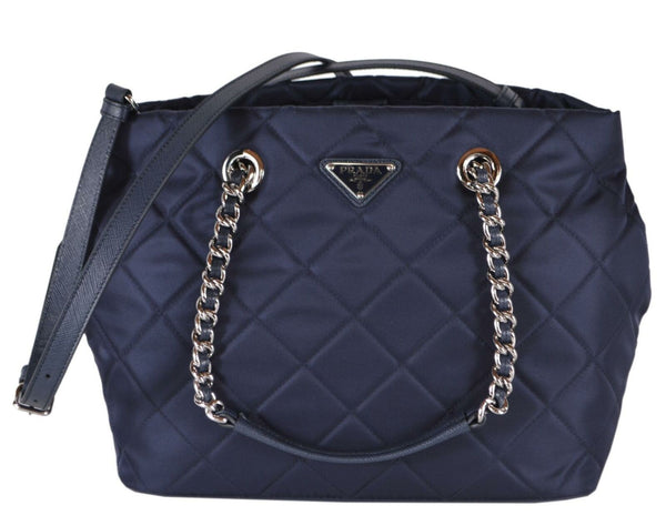 New Prada 1BG740 Blue Tessuto Quilted Nylon Chain Strap Purse Handbag