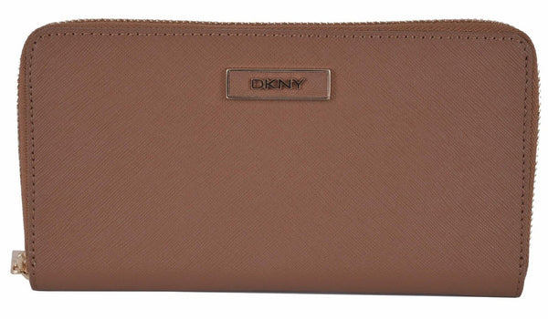 New DKNY Donna Karan Walnut Brown Saffiano Leather Zip Around Wallet Clutch
