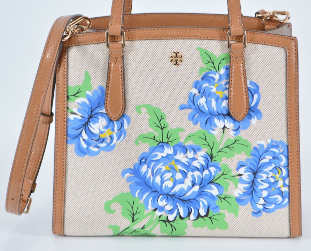 Tory Burch Mcgraw Floral Leather Crossbody Camera Bag In Blue Tea Rose  Border