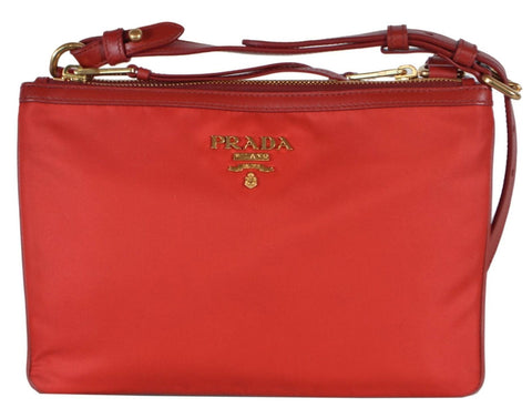 New Prada 1BH046 Red Tessuto Nylon Bandoliera Double Zip Crossbody Bag Purse