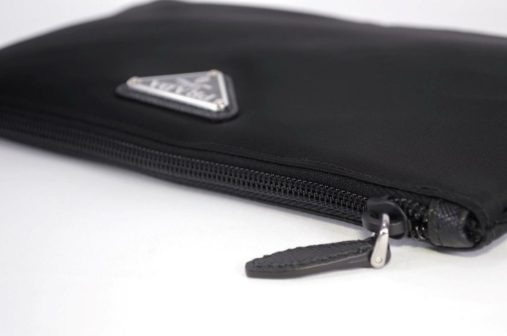 Prada Black Tessuto Nylon Pouch Case Clutch w Silver Prada Logo 1NH545,  Small