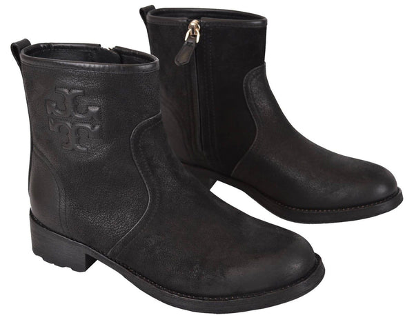 NEW Tory Burch Simone Black Distressed Leather Ankle Boot Bootie Shoes Size 5.5