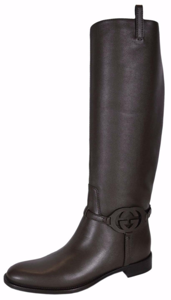 NEW Gucci 338541 Brown Calf Leather Interlocking GG Flat Knee High