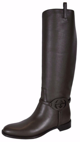 NEW Gucci 338541 Brown Calf Leather Interlocking GG Flat Knee High Riding Boots