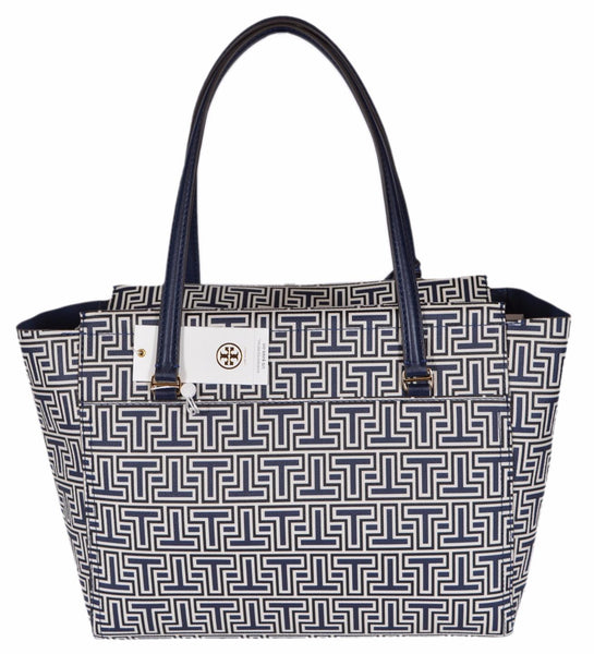 NEW Tory Burch $265 Small Navy White Geo-T Logo Tote Purse Handbag