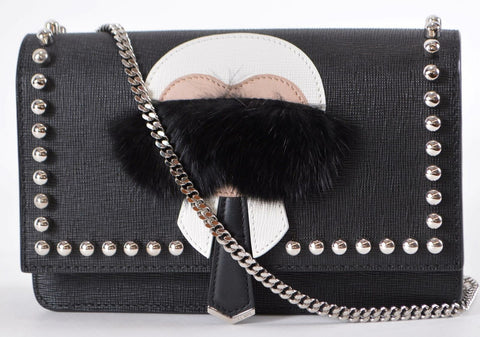 New Fendi KARLITO Saffiano Leather Mustache Wallet on Chain Crossbody Purse Bag