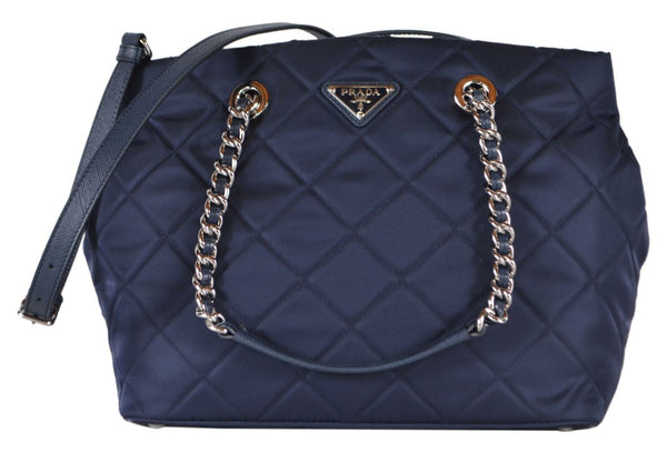 New Prada 1BG740 Blue Tessuto Quilted Nylon Chain Strap Purse Handbag