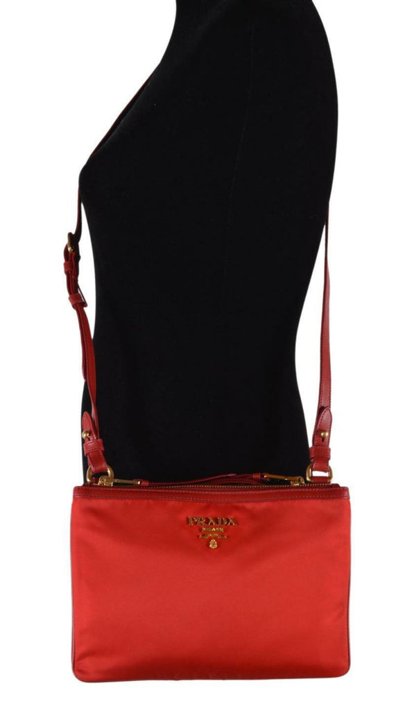 New Prada 1BH046 Red leather Double Zip Crossbody Bag