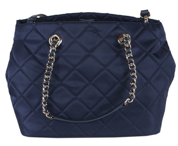 New Prada 1BG740 Blue Tessuto Quilted Nylon Chain Strap Purse Handbag