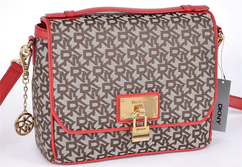 NEW DKNY DONNA KARAN RED LOGO HERITAGE LOCK CROSSBODY TOP HANDLE PURSE HANDBAG