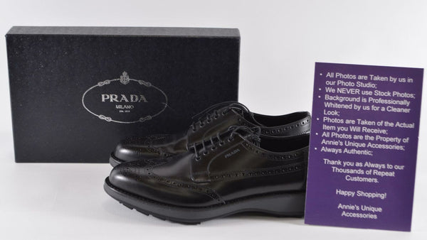 New Prada Men's Black Brogue Derby Oxfords Driver Soles Shoes 10 U.K 11 U.S.