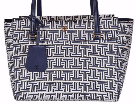 NEW Tory Burch $265 Small Navy White Geo-T Logo Tote Purse Handbag