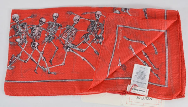 New Alexander McQueen Red Silk TACKLING SKELETONS Skull Scarf 595983