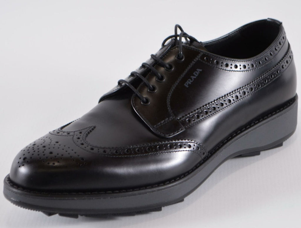 New Prada Men's Black Brogue Derby Oxfords Driver Soles Shoes 10