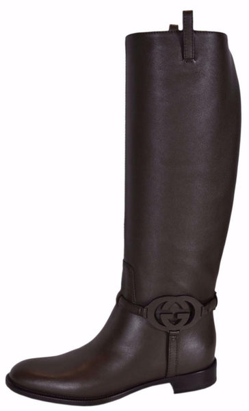 NEW Gucci 338541 Brown Calf Leather Interlocking GG Flat Knee High Riding Boots